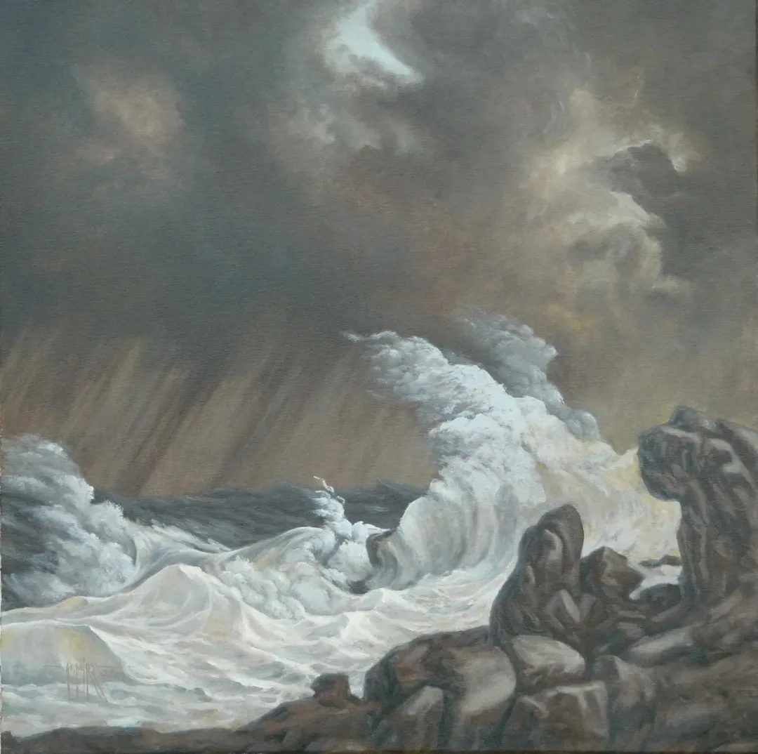 "Dalgalar" eseri HASAN MİRZA tarafından 2019 yılında 60x60 cm ölçülerinde Tuval üzeri yağlı boya tekniği ile yapılmıştır.