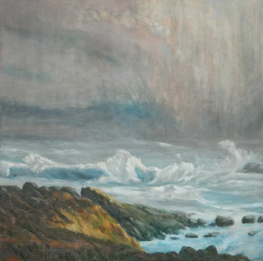 "Denizde Kayalıklar" eseri HASAN MİRZA tarafından 2019 yılında 60x60 cm ölçülerinde Tuval üzeri yağlı boya tekniği ile yapılmıştır.