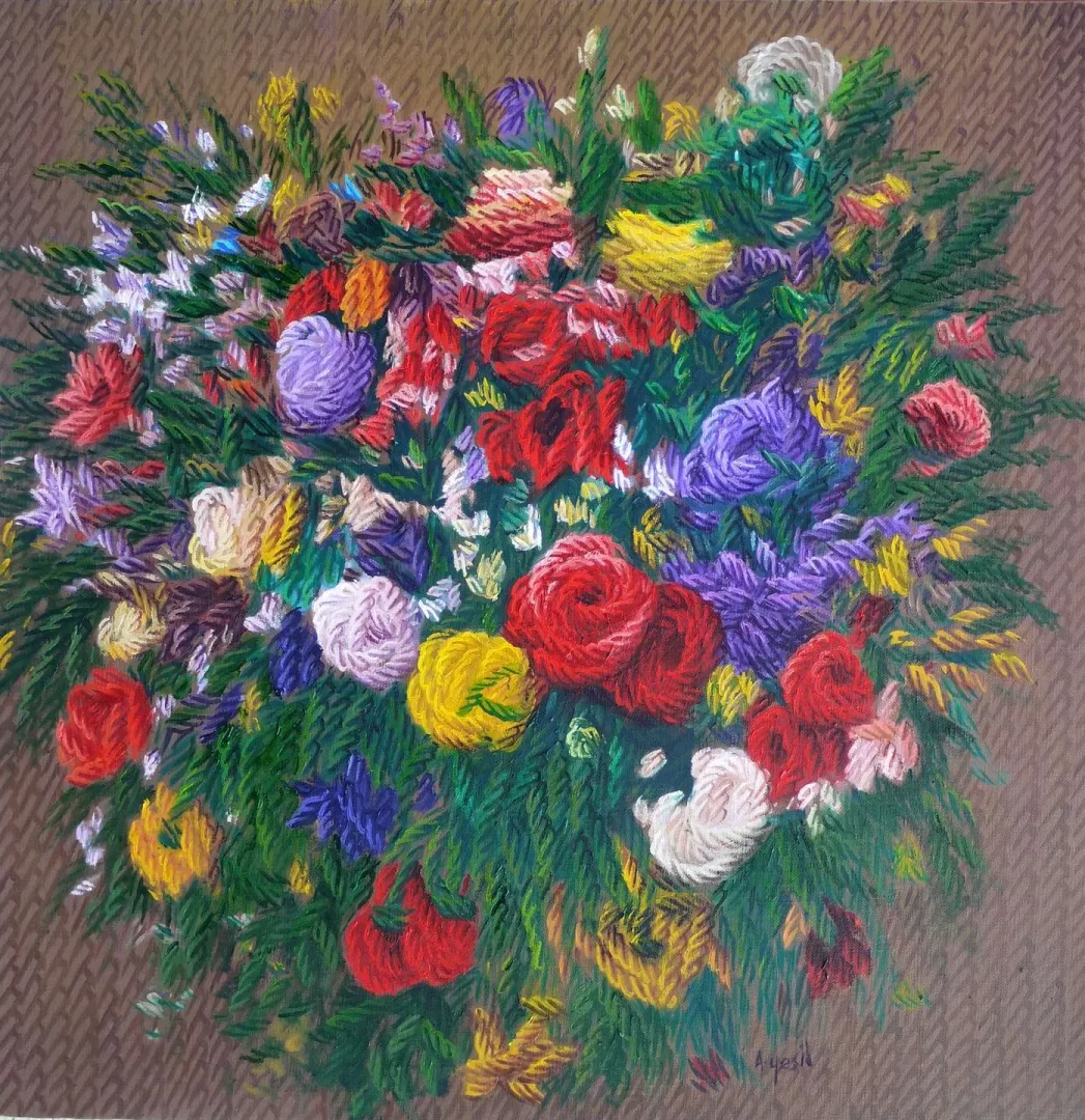 "Benim Çiçeklerim-II" eseri AHMET YEŞİL tarafından 2019 yılında 60x60 cm ölçülerinde Tuval üzeri yağlı boya tekniği ile yapılmıştır.
