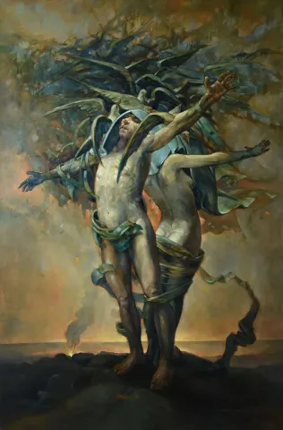 "Tünek-2" eseri ADEM BAŞPINAR tarafından 2019 yılında 150x98 cm ölçülerinde Tuval üzeri akrilik boya tekniği ile yapılmıştır.