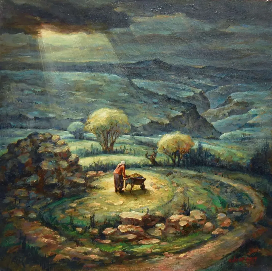 yakınlaştır "Taşa Tohum Eken Anam" eseri ADEM BAŞPINAR tarafından 2019 yılında 60x60 cm ölçülerinde Tuval üzeri akrilik boya tekniği ile yapılmıştır.