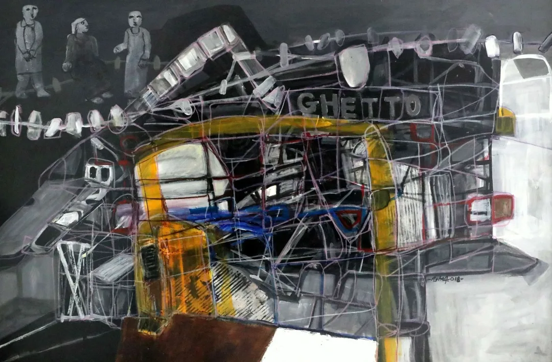 yakınlaştır "Ghetto" eseri AYHAN TAŞKIRAN tarafından 2018 yılında 100x150 cm ölçülerinde Kağıt üzeri karışık teknik tekniği ile yapılmıştır.