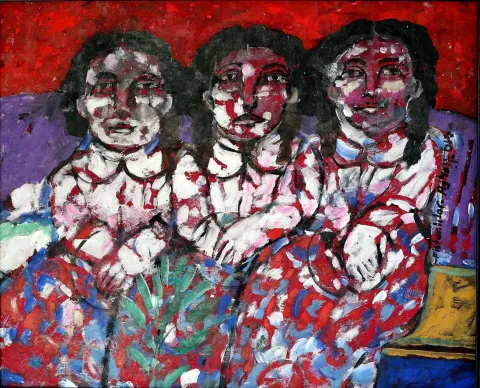 AYHAN TAŞKIRAN — “Fistanlılar (Çift taraflı)”, 2017 "Fistanlılar (Çift taraflı)" eseri AYHAN TAŞKIRAN tarafından 2017 yılında 82x100 cm ölçülerinde Tuval üzeri akrilik boya tekniği ile yapılmıştır.