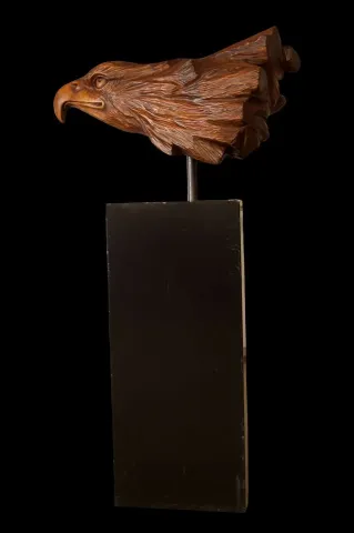 "Kartal Başı" eseri AZİMET KARAMAN tarafından 65x90x52 cm ölçülerinde Ahşap Yontu tekniği ile yapılmıştır.