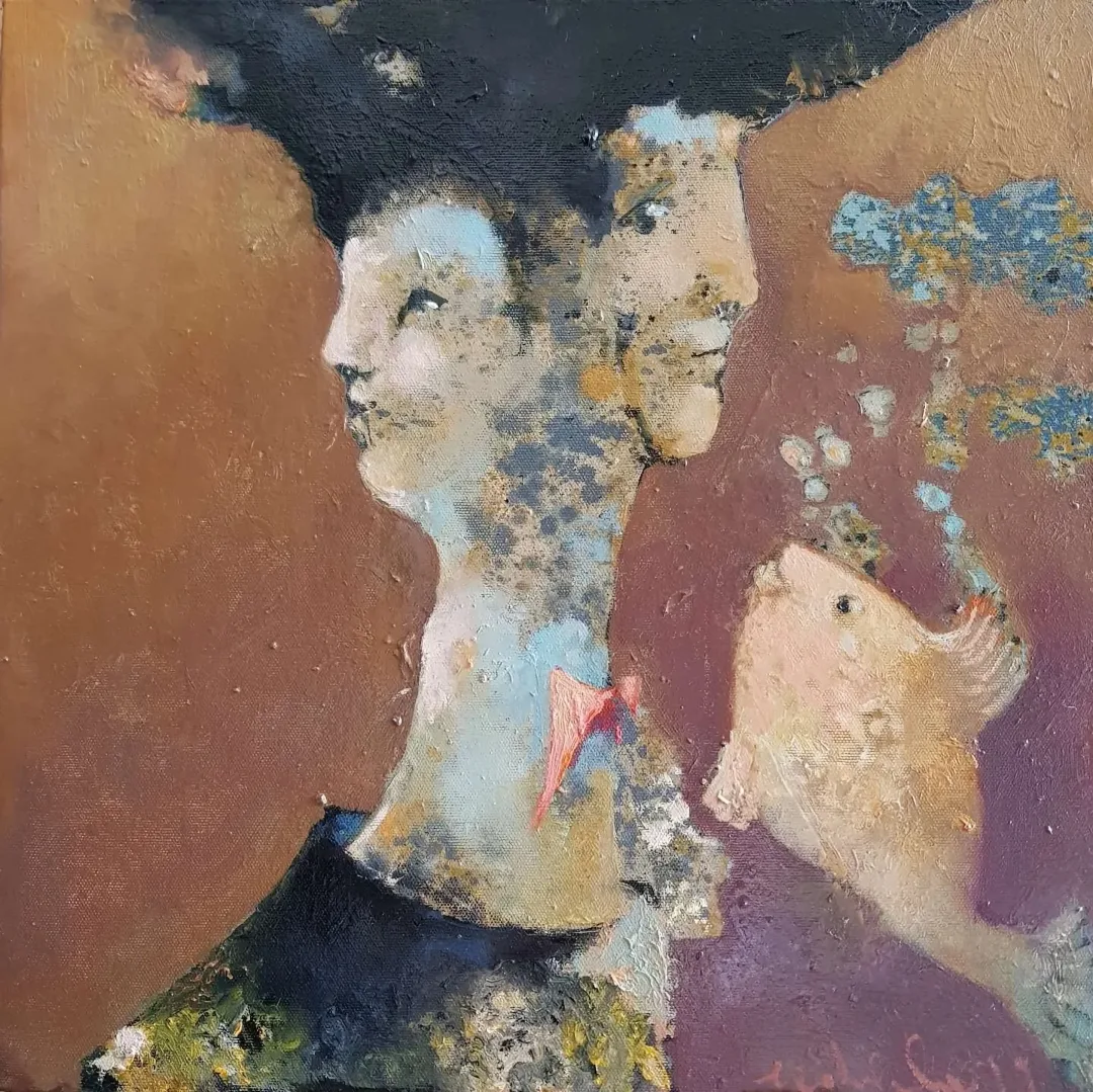 "Merak" eseri EROL PELİOĞLU tarafından 2019 yılında 40x40 cm ölçülerinde Tuval üzeri yağlı boya tekniği ile yapılmıştır.