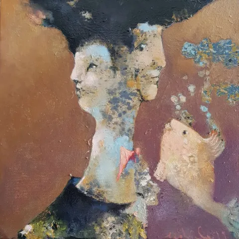"Merak" eseri EROL PELİOĞLU tarafından 2019 yılında 40x40 cm ölçülerinde Tuval üzeri yağlı boya tekniği ile yapılmıştır.