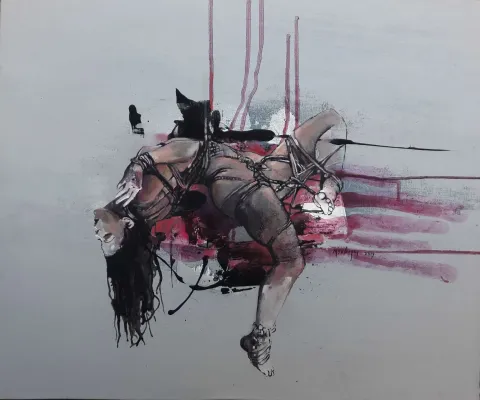 "Mazosadist Salınım" eseri MEHMET SAKIZCI tarafından 2019 yılında 60x50 cm ölçülerinde Tuval üzeri akrilik boya tekniği ile yapılmıştır.