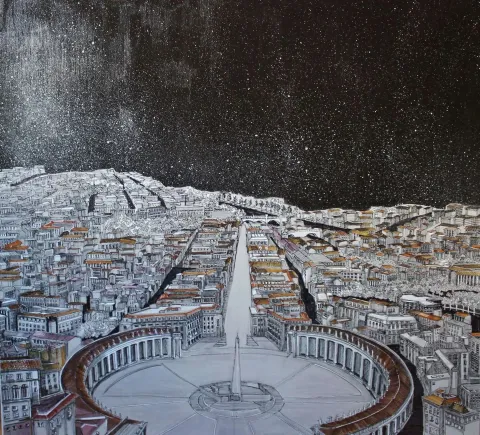 SÜMEYYE YUŞAN — “San Pietro”, 2017 "San Pietro" eseri SÜMEYYE YUŞAN tarafından 2017 yılında 70x70 cm ölçülerinde Tuval üzeri karışık teknik tekniği ile yapılmıştır.
