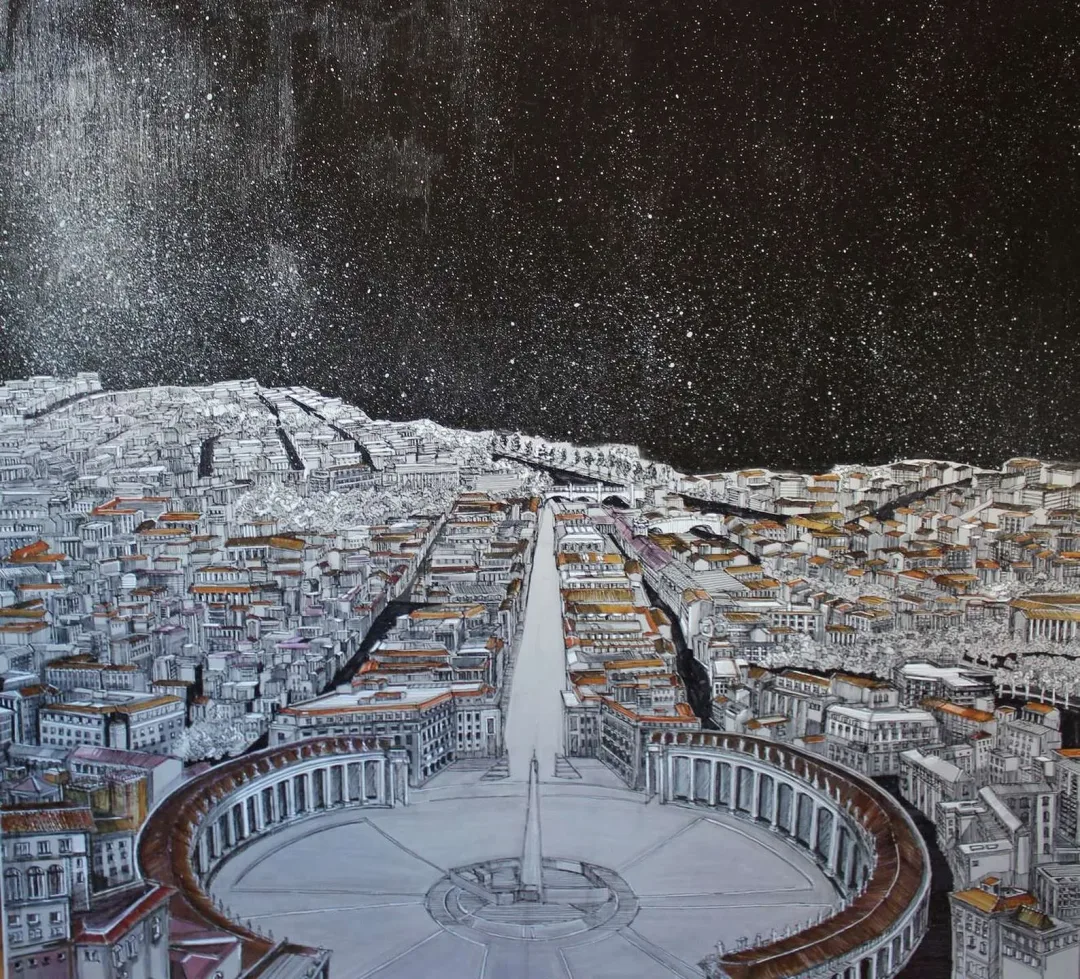 SÜMEYYE YUŞAN — “San Pietro”, 2017 "San Pietro" eseri SÜMEYYE YUŞAN tarafından 2017 yılında 70x70 cm ölçülerinde Tuval üzeri karışık teknik tekniği ile yapılmıştır.