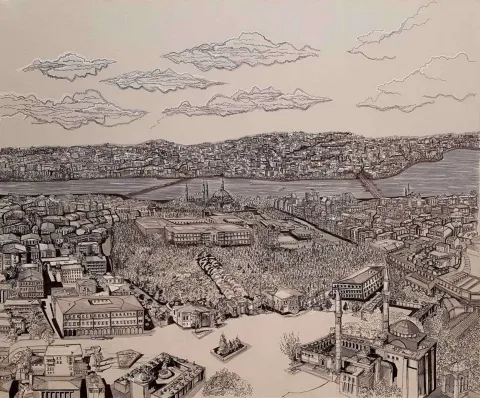 "İstanbul" eseri SÜMEYYE YUŞAN tarafından 2018 yılında 100x120 cm ölçülerinde Tuval üzeri karışık teknik tekniği ile yapılmıştır.