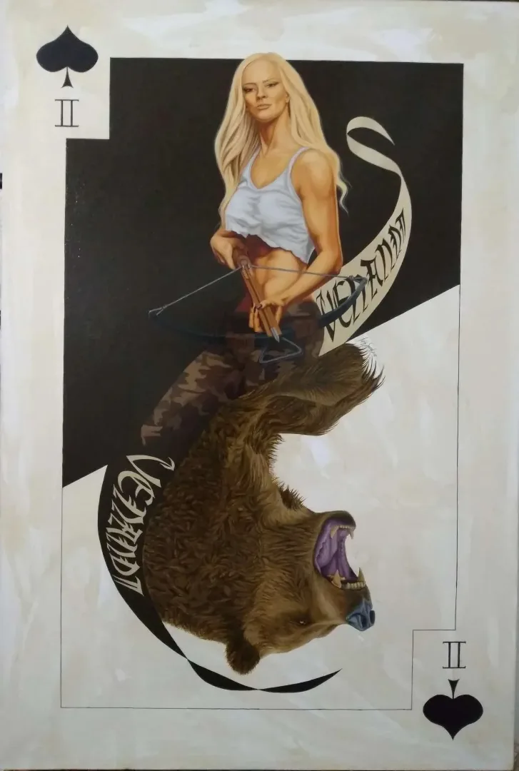 "Maça 2" eseri FATİH SAZAK tarafından 2018 yılında 67x100 cm ölçülerinde Tuval üzeri yağlı boya tekniği ile yapılmıştır.