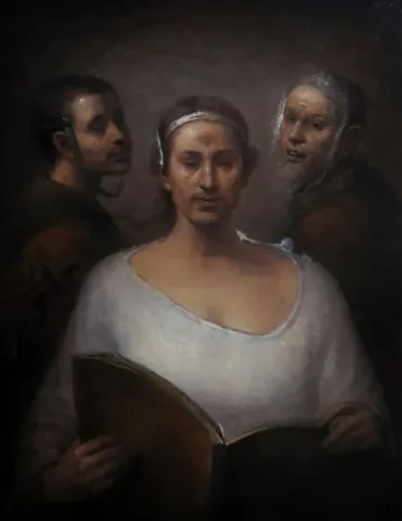 "Hikaye" eseri SERTAP YEĞİN tarafından 2019 yılında 80x60 cm ölçülerinde Tuval üzeri yağlı boya tekniği ile yapılmıştır.