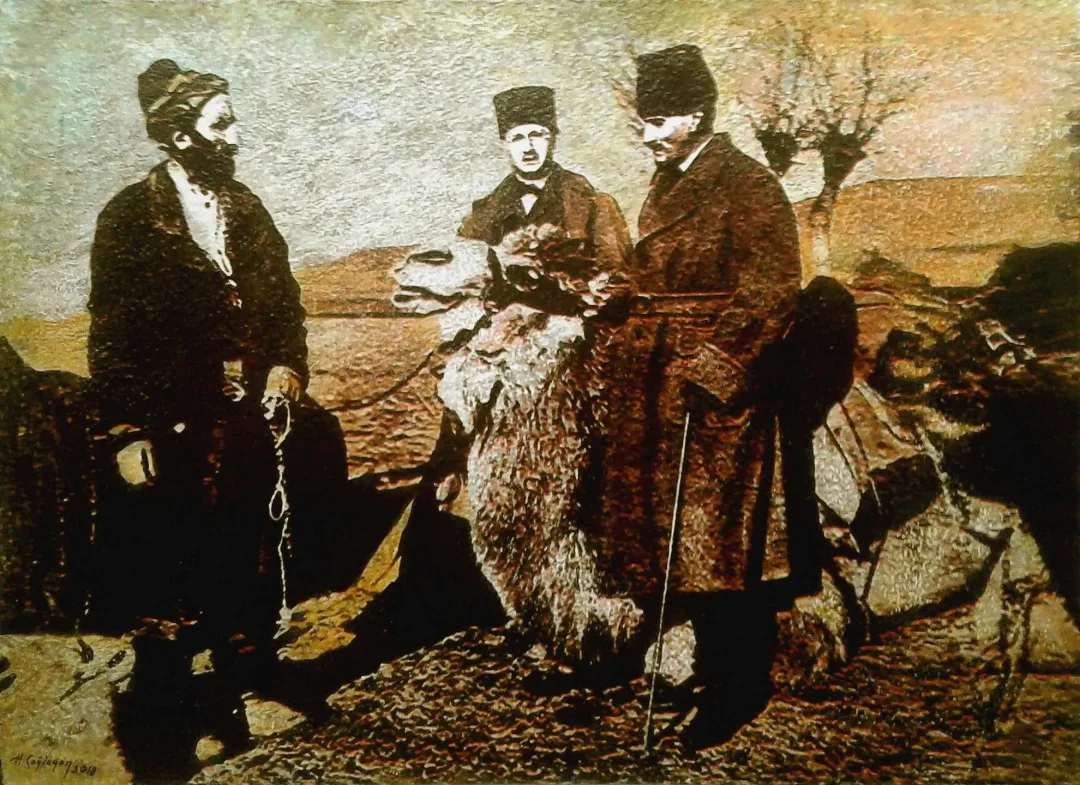 yakınlaştır "Deveciler ve Atatürk" eseri HASAN ÇAĞLAYAN tarafından 80x110 cm ölçülerinde Tuval üzeri karışık teknik tekniği ile yapılmıştır.
