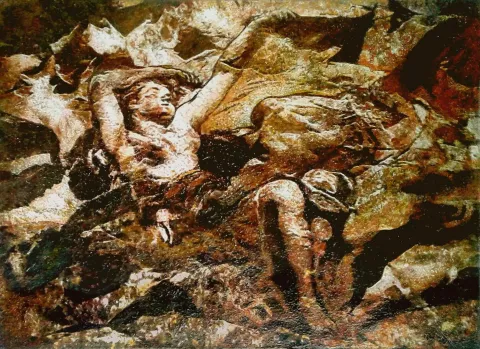 "Srebrenista Katliamı 1" eseri HASAN ÇAĞLAYAN tarafından 80x110 cm ölçülerinde Tuval üzeri karışık teknik tekniği ile yapılmıştır.