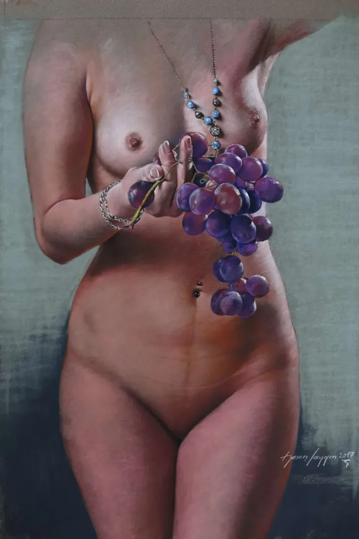 yakınlaştır "Üzüm" eseri HASAN SAYGIN tarafından 59x42 cm ölçülerinde Kağıt üzeri pastel boya tekniği ile yapılmıştır.