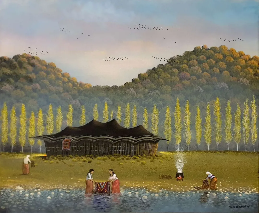yakınlaştır "Yörük Çadırı" eseri YALÇIN GÖKÇEBAĞ tarafından 1992 yılında 50x60 cm ölçülerinde Tuval üzeri yağlı boya tekniği ile yapılmıştır.