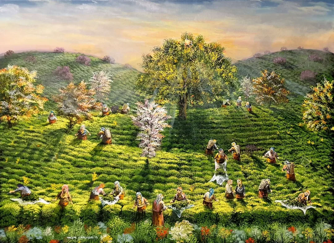 yakınlaştır "Çay Bahçesi" eseri YALÇIN GÖKÇEBAĞ tarafından 2019 yılında 60x80 cm ölçülerinde Tuval üzeri yağlı boya tekniği ile yapılmıştır.
