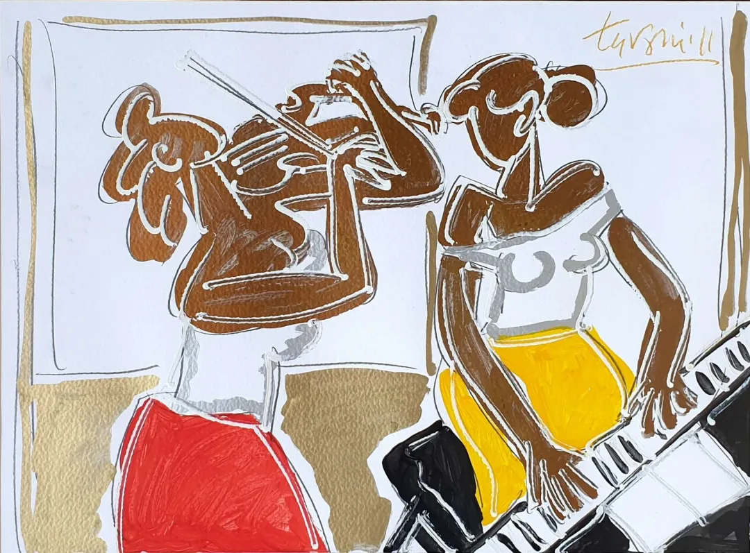 "Müzisyenler" eseri ADNAN TURANİ tarafından 2011 yılında 50x70 cm ölçülerinde Kağıt üzeri yağlı boya tekniği ile yapılmıştır.