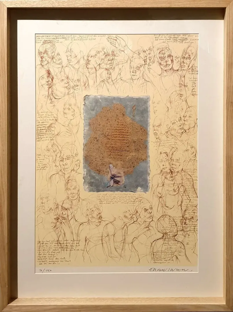 yakınlaştır "Mesnevi Serisi" eseri ERGİN İNAN tarafından 1989 yılında 63x44 cm ölçülerinde Litografi 16/150 tekniği ile yapılmıştır.