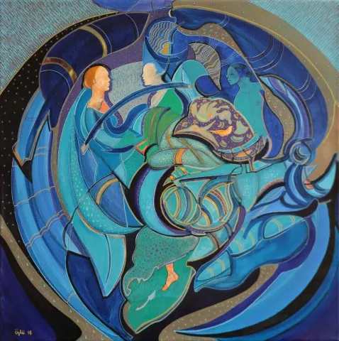 NECMETTİN ÖZLÜ — “Gece Gündüz” "Gece Gündüz" eseri NECMETTİN ÖZLÜ tarafından 60x60 cm ölçülerinde Tuval üzeri akrilik boya tekniği ile yapılmıştır.
