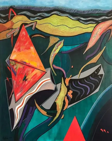 "Kırmızı Üçgen ve Peyzaj" eseri NECMETTİN ÖZLÜ tarafından 100x80 cm ölçülerinde Tuval üzeri akrilik boya tekniği ile yapılmıştır.