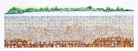 Bu eser REŞAT ŞENTÜRK tarafından 2018 yılında 16x40 cm ölçülerinde Kağıt üzeri karışık teknik tekniği ile yapılmıştır.