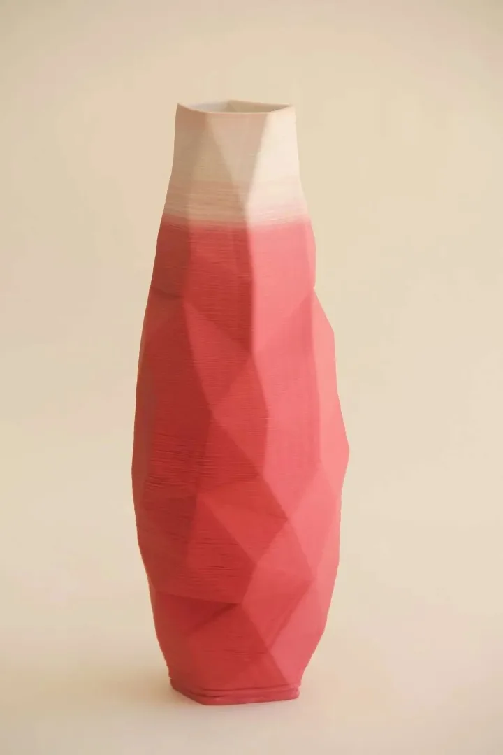 "Pink White Poly Vase" eseri SANVER ÖZGÜVEN tarafından 2019 yılında 30x13x13 cm ölçülerinde Üç Boyutlu Seramik Yazıcı ile Şekillendirme 1230 °C tekniği ile yapılmıştır.