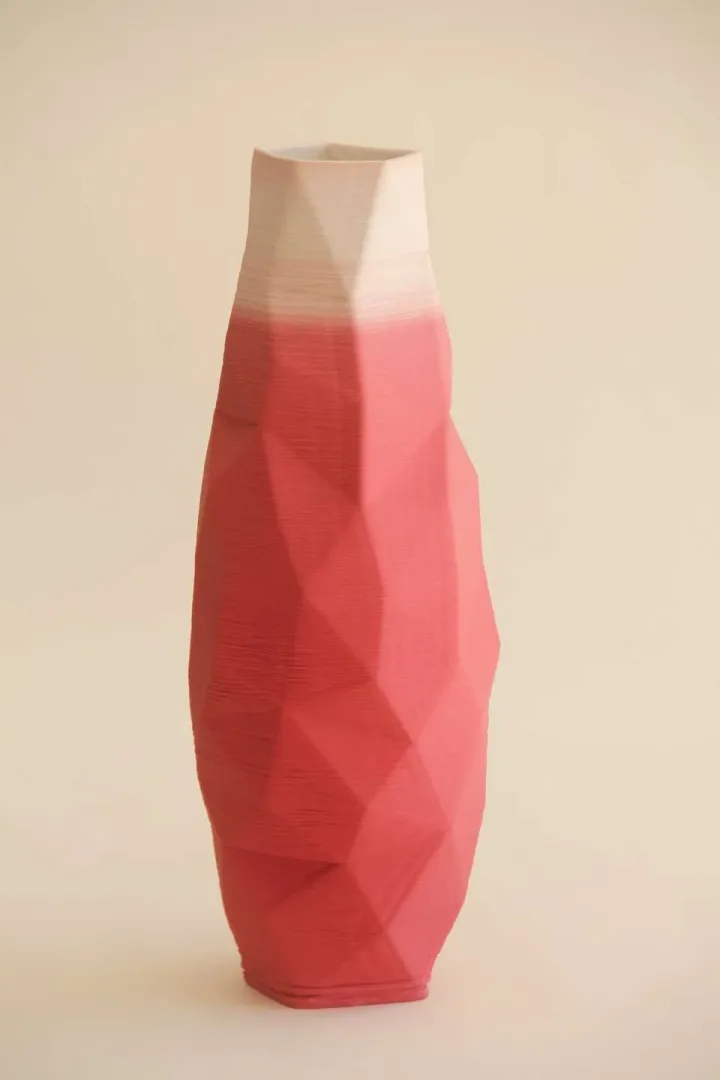 "Pink White Poly Vase" eseri SANVER ÖZGÜVEN tarafından 2019 yılında 30x13x13 cm ölçülerinde Üç Boyutlu Seramik Yazıcı ile Şekillendirme 1230 °C tekniği ile yapılmıştır.
