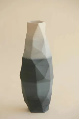 "White Gray Poly Vase" eseri SANVER ÖZGÜVEN tarafından 2019 yılında 30x12x12 cm ölçülerinde Üç Boyutlu Seramik Yazıcı ile Şekillendirme 1230 °C tekniği ile yapılmıştır.