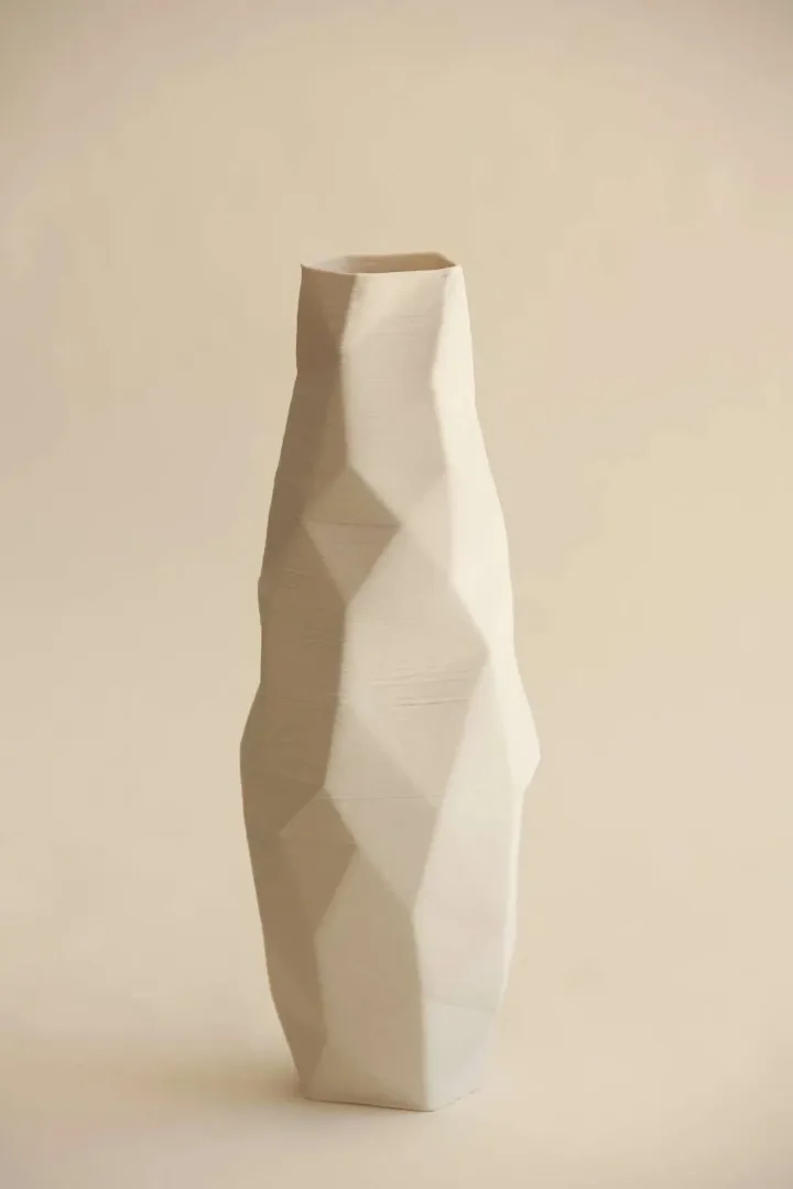 "White Poly Vase" eseri SANVER ÖZGÜVEN tarafından 2018 yılında 30x12x12 cm ölçülerinde Üç Boyutlu Seramik Yazıcı ile Şekillendirme 1230 °C tekniği ile yapılmıştır.