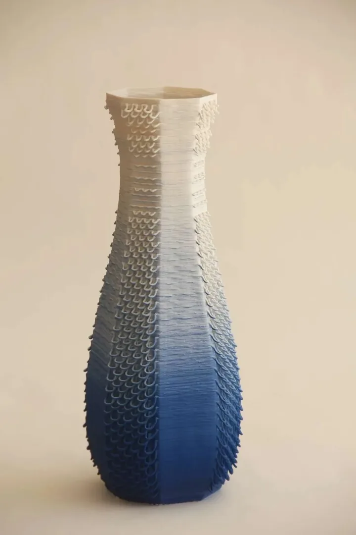 "Blue White Gcodevase" eseri SANVER ÖZGÜVEN tarafından 2019 yılında 30x13x13 cm ölçülerinde Üç Boyutlu Seramik Yazıcı ile Şekillendirme 1230 °C tekniği ile yapılmıştır.