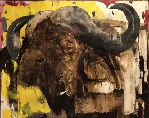 "Boğa" eseri SEMA ÖCAL tarafından 120x150 cm ölçülerinde Tuval üzeri akrilik boya tekniği ile yapılmıştır.