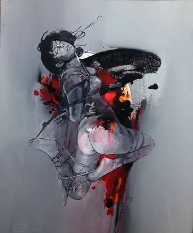"Mazosadist Salınım" eseri MEHMET SAKIZCI tarafından 2019 yılında 60x50 cm ölçülerinde Tuval üzeri akrilik boya tekniği ile yapılmıştır.