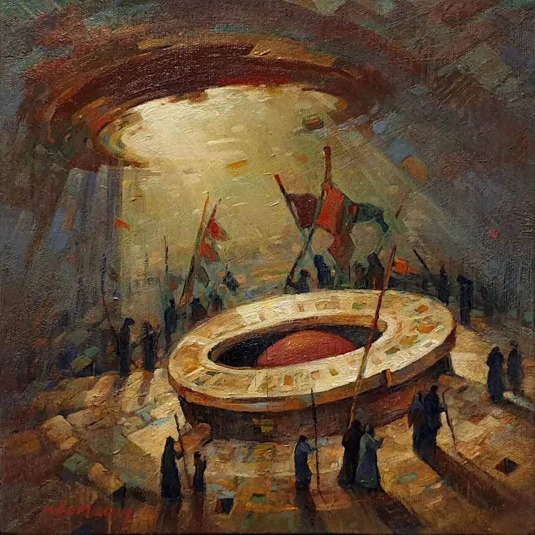 "Tavaf" eseri ADEM BAŞPINAR tarafından 2019 yılında 25x25 cm ölçülerinde Tuval üzeri akrilik boya tekniği ile yapılmıştır.