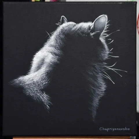 VİKTORİA CHUPRİYANOVSKA — “The Dark Side Of The Cat”, 2019 "The Dark Side Of The Cat" eseri VİKTORİA CHUPRİYANOVSKA tarafından 2019 yılında 25x25 cm ölçülerinde Tuval üzeri yağlı boya tekniği ile yapılmıştır.