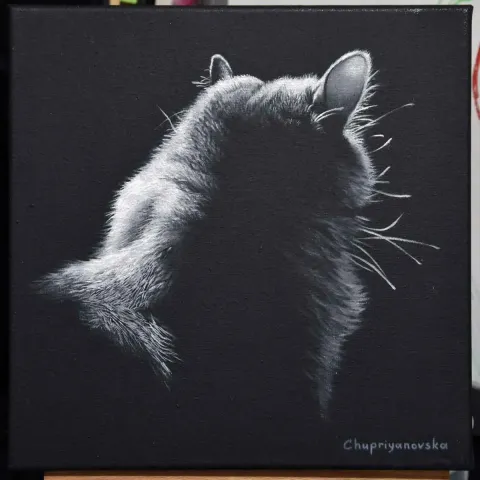 VİKTORİA CHUPRİYANOVSKA — “The Dark Side Of The Cat”, 2019 "The Dark Side Of The Cat" eseri VİKTORİA CHUPRİYANOVSKA tarafından 2019 yılında 25x25 cm ölçülerinde Tuval üzeri yağlı boya tekniği ile yapılmıştır.