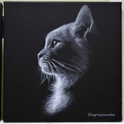 VİKTORİA CHUPRİYANOVSKA — “The Dark Side Of The Cat”, 2019 "The Dark Side Of The Cat" eseri VİKTORİA CHUPRİYANOVSKA tarafından 2019 yılında 25x25 cm ölçülerinde Tuval üzeri yağlı boya tekniği ile yapılmıştır.