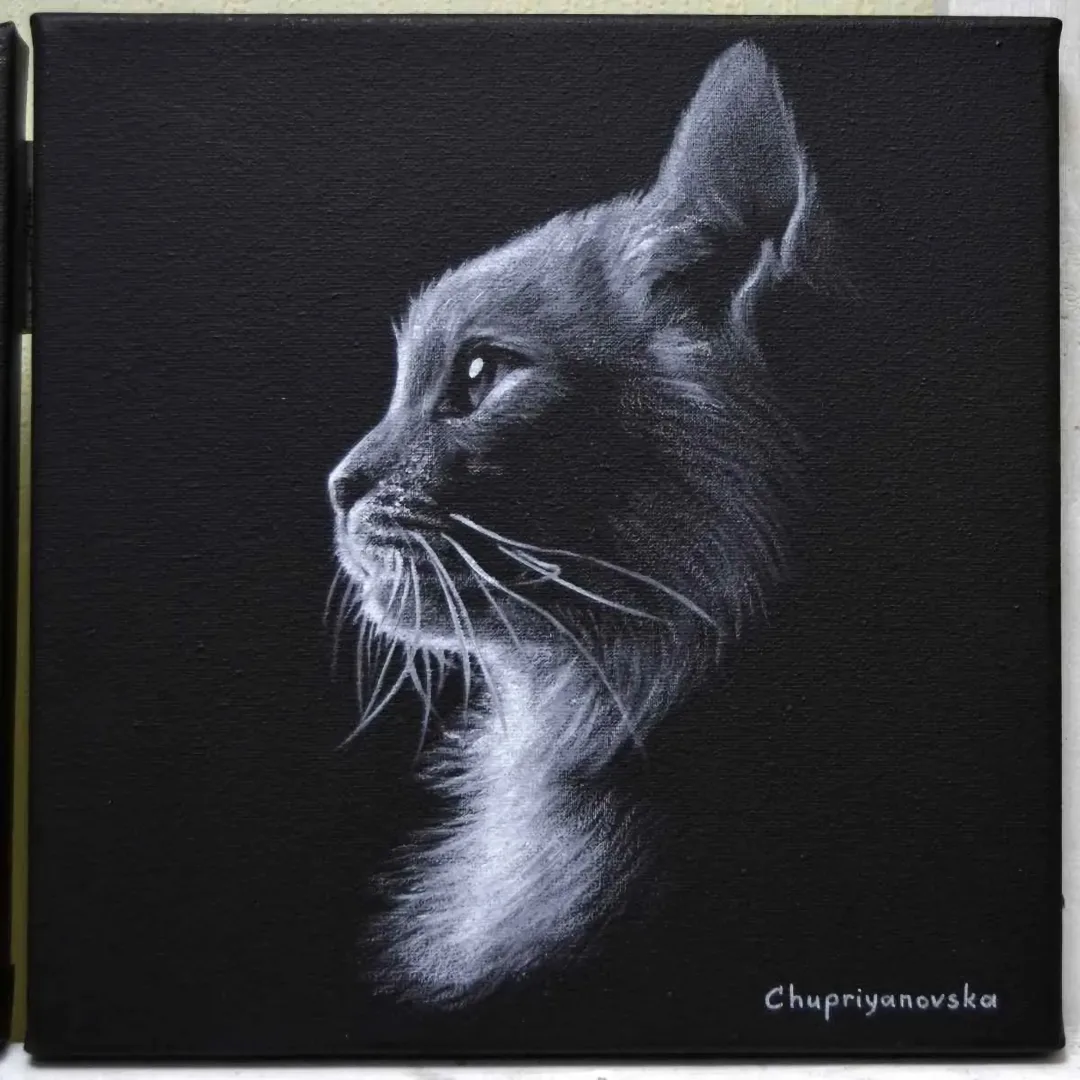 "The Dark Side Of The Cat" eseri VİKTORİA CHUPRİYANOVSKA tarafından 2019 yılında 25x25 cm ölçülerinde Tuval üzeri yağlı boya tekniği ile yapılmıştır.