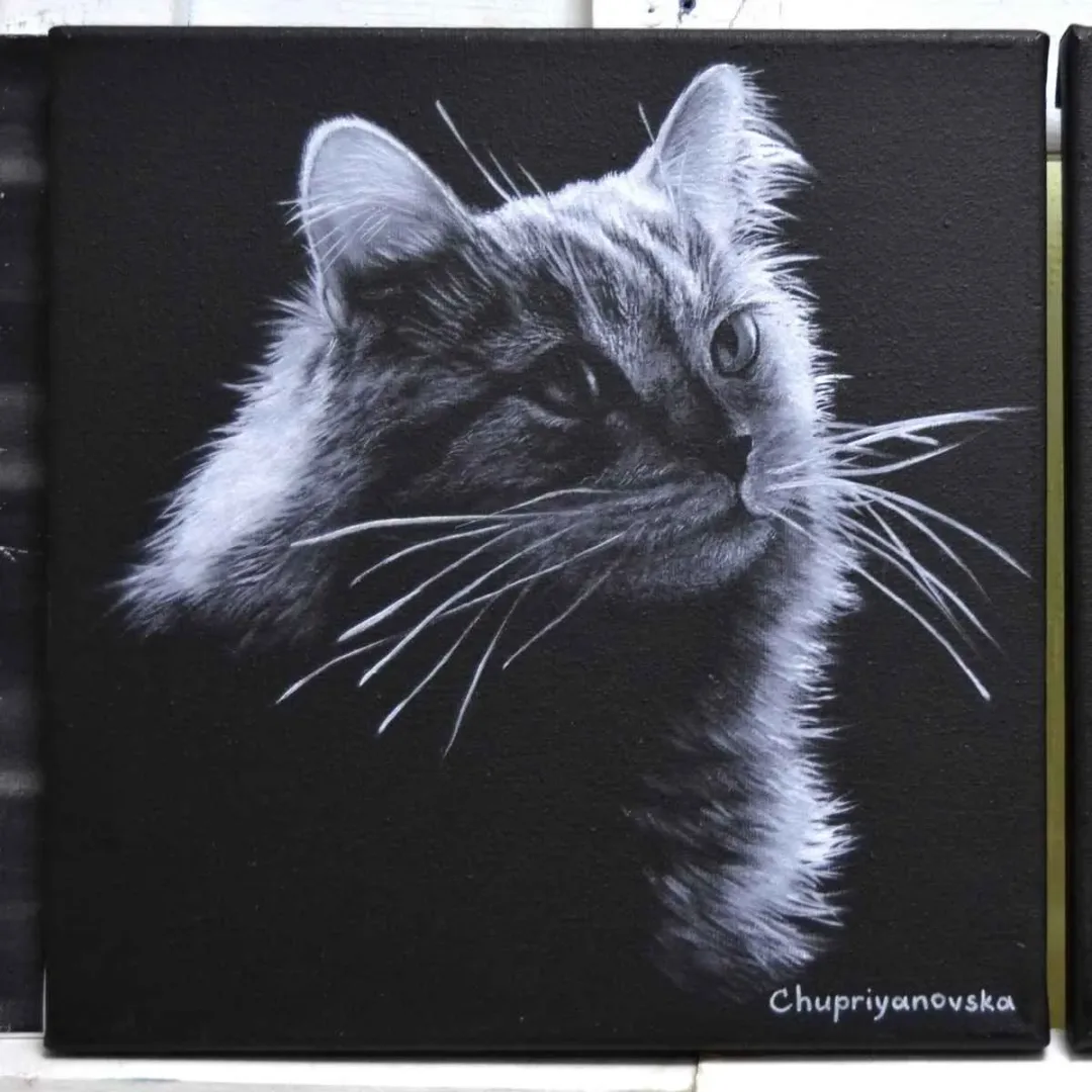 yakınlaştır "The Dark Side Of The Cat" eseri VİKTORİA CHUPRİYANOVSKA tarafından 2019 yılında 25x25 cm ölçülerinde Tuval üzeri yağlı boya tekniği ile yapılmıştır.
