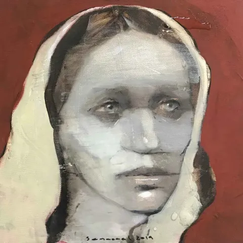 SEMA ÖCAL — “İsimsiz”, 2019 "İsimsiz" eseri SEMA ÖCAL tarafından 2019 yılında 25x25 cm ölçülerinde Tuval üzeri yağlı boya tekniği ile yapılmıştır.