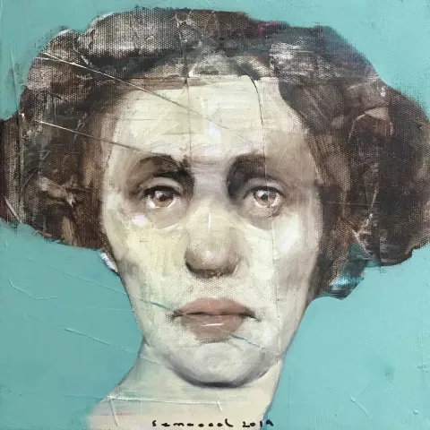 SEMA ÖCAL — “Untitled”, 2019 "İsimsiz" eseri SEMA ÖCAL tarafından 2019 yılında 25x25 cm ölçülerinde Tuval üzeri yağlı boya tekniği ile yapılmıştır.