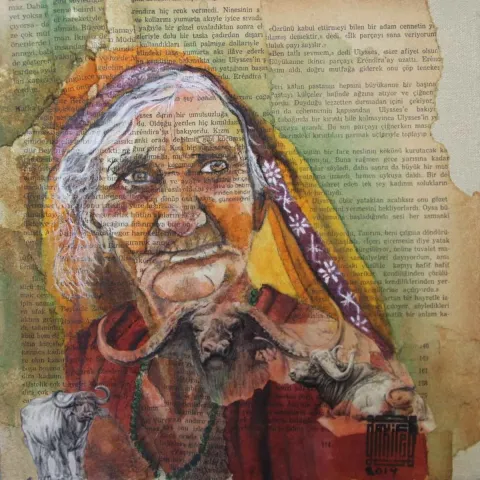AKİFE DEKELİ — “İsimsiz”, 2019 "İsimsiz" eseri AKİFE DEKELİ tarafından 2019 yılında 25x25 cm ölçülerinde Tuval üzeri karışık teknik tekniği ile yapılmıştır.
