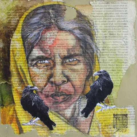 AKİFE DEKELİ — “İsimsiz”, 2019 "İsimsiz" eseri AKİFE DEKELİ tarafından 2019 yılında 25x25 cm ölçülerinde Tuval üzeri karışık teknik tekniği ile yapılmıştır.