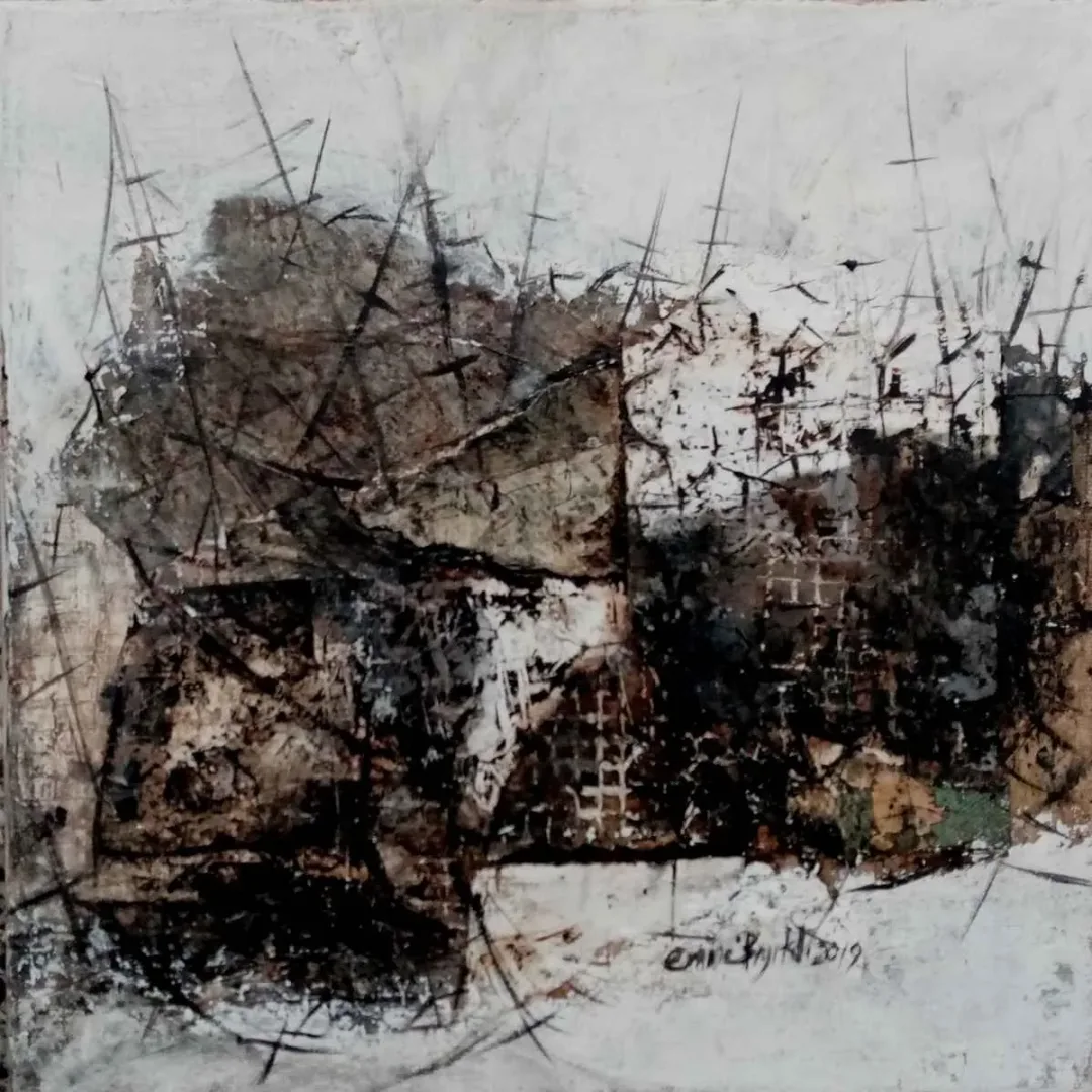EMİNE BIYIKLI — “İsimsiz”, 2019 "İsimsiz" eseri EMİNE BIYIKLI tarafından 2019 yılında 25x25 cm ölçülerinde Tuval üzeri karışık teknik tekniği ile yapılmıştır.