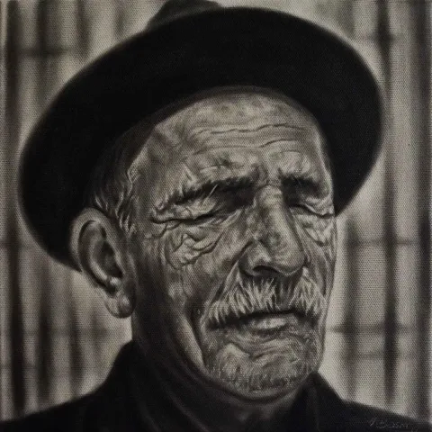"Aşık Veysel" eseri HASAN BASRİ İNAN tarafından 2019 yılında 25x25 cm ölçülerinde Tuval üzeri yağlı boya tekniği ile yapılmıştır.