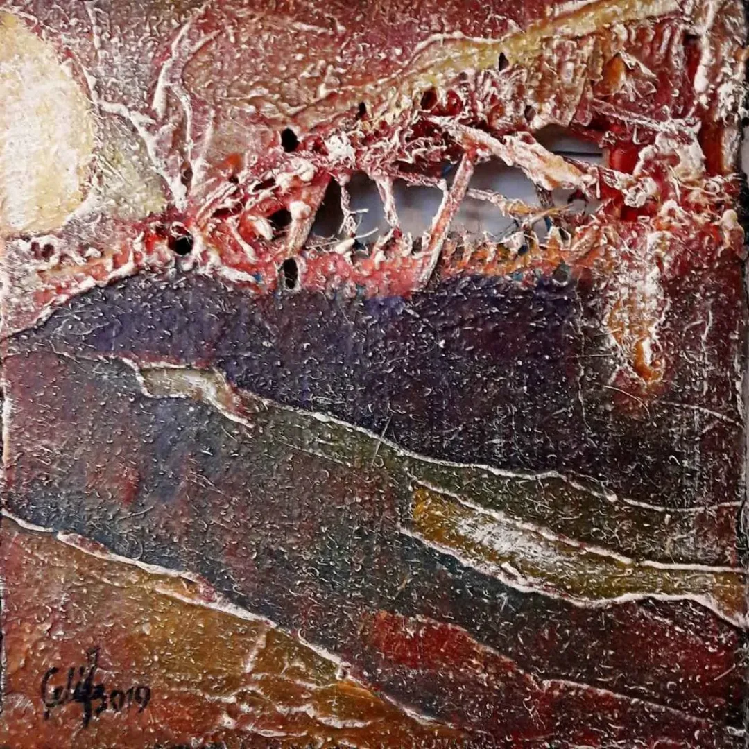 HAYDAR ÇELİK — “İsimsiz”, 2019 "İsimsiz" eseri HAYDAR ÇELİK tarafından 2019 yılında 25x25 cm ölçülerinde Tuval üzeri karışık teknik tekniği ile yapılmıştır.
