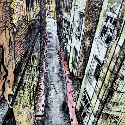 "İsimsiz" eseri MİNE ZEREYALP tarafından 2019 yılında 25x25 cm ölçülerinde Tuval üzeri karışık teknik tekniği ile yapılmıştır.