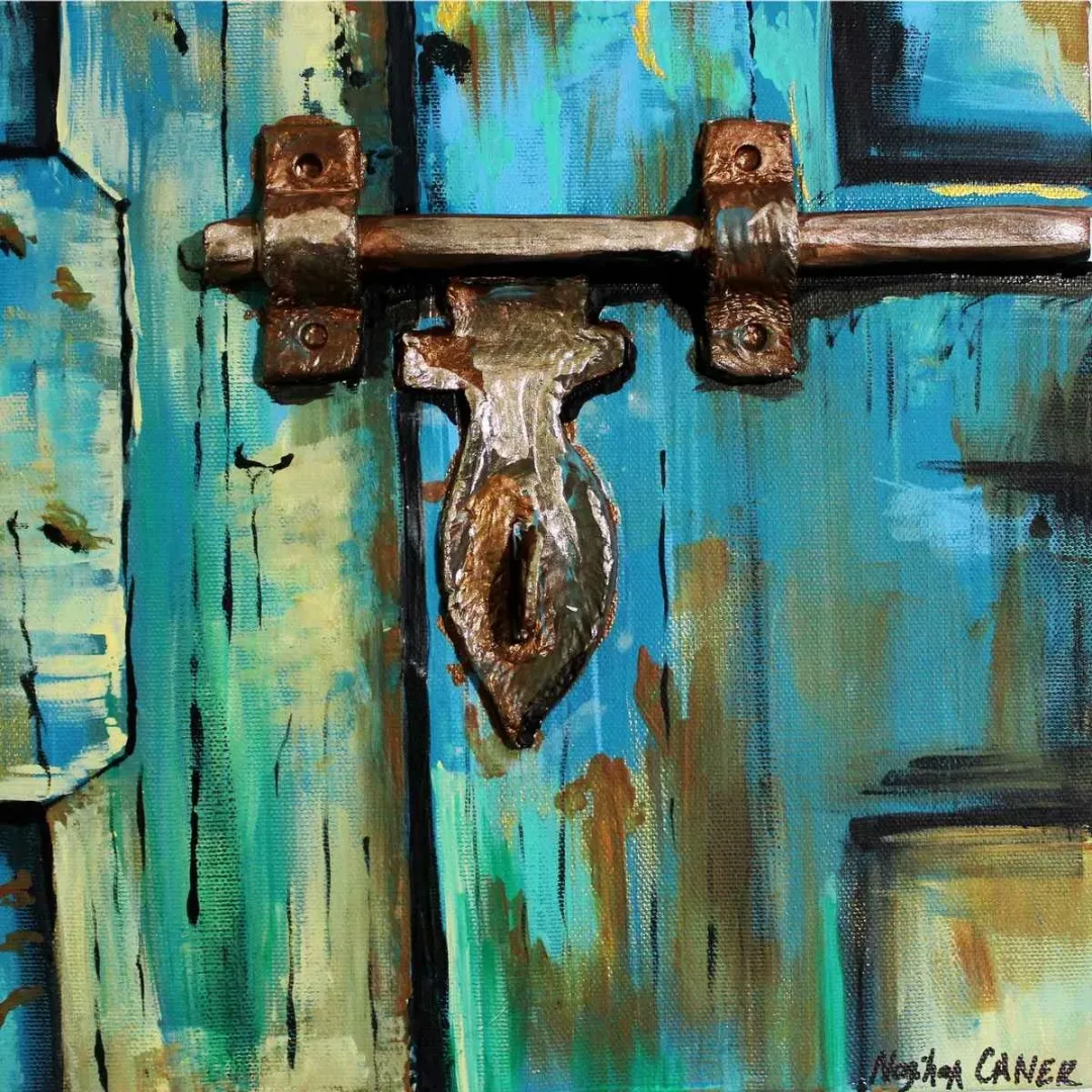 NAGİHAN CANER — “İsimsiz”, 2019 "İsimsiz" eseri NAGİHAN CANER tarafından 2019 yılında 25x25 cm ölçülerinde Tuval üzeri yağlı boya + Seramik tekniği ile yapılmıştır.