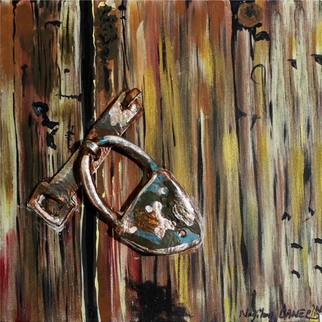 NAGİHAN CANER — “İsimsiz”, 2019 "İsimsiz" eseri NAGİHAN CANER tarafından 2019 yılında 25x25 cm ölçülerinde Tuval üzeri yağlı boya + Seramik tekniği ile yapılmıştır.