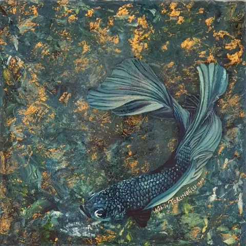 NEBİLE TORUNOĞLU — “İsimsiz”, 2019 "İsimsiz" eseri NEBİLE TORUNOĞLU tarafından 2019 yılında 25x25 cm ölçülerinde Tuval üzeri yağlı boya + epoksi tekniği ile yapılmıştır.